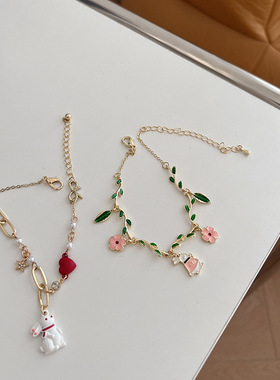 网红森系可爱小清新卡通兔子创意珍珠百搭设计感文艺风手饰手链