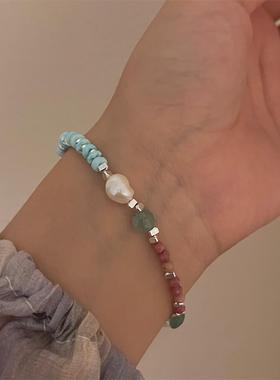 女天然石淡水珍珠拼接项链手链