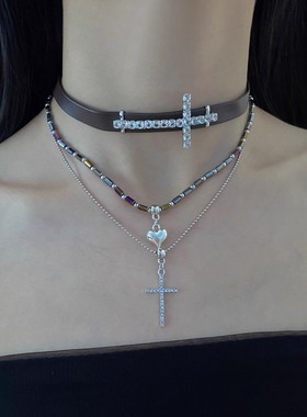 多层叠戴皮质十字架爱心项链女