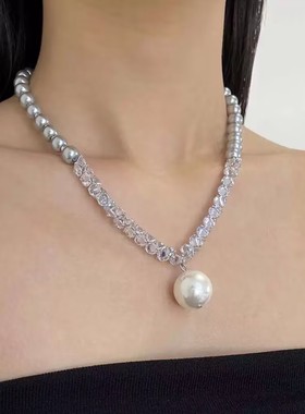 透明水晶珍珠吊坠项链女轻奢颈链