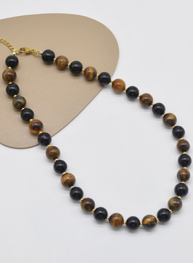 虎石圆珠串珠男女棕色复古项链