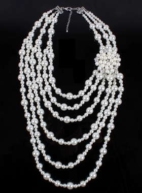 法式多层叠戴大小珍珠花朵项链女