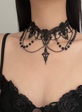 蕾丝花边流苏串珠菱形吊坠项链女
