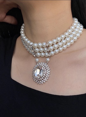 夸张多层珍珠镶钻水晶吊坠项链女