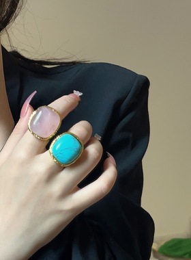 中古几何绿松石镶嵌麻花戒指指环