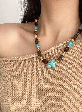 时尚复古绿松石拼树脂串珠项链女