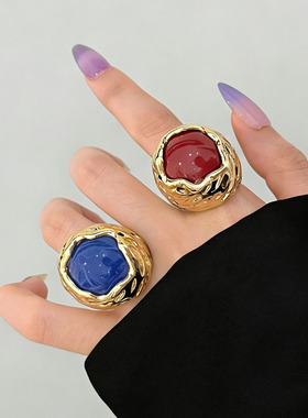 欧美金属圆形大颗宝石开口戒指女