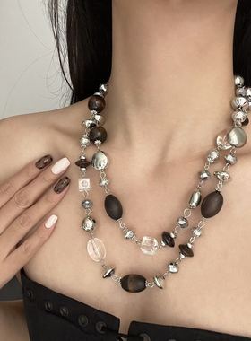 双层叠戴金属拼亚克力串珠项链女