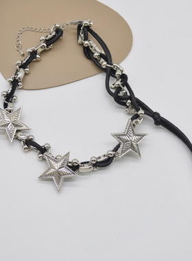 小众设计复古金属星星皮绳项链女
