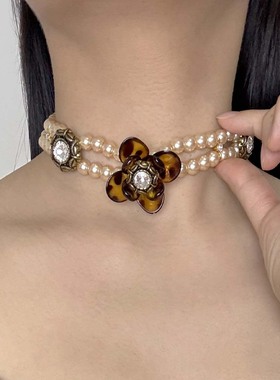 双层珍珠项链女大花朵锁骨链颈链