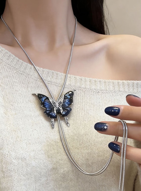 韩式复古滴油蓝色蝴蝶抽拉项链女