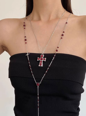 欧美哥特红宝石十字架吊坠项链女