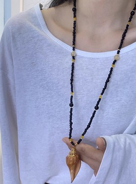 欧美黑色串珠天然海螺吊坠项链女