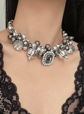 欧美夸张复古镶钻圆珠短款项链女