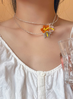 度假风彩色水晶花朵吊坠串珠项链
