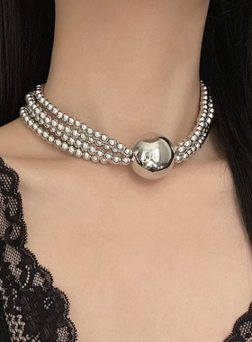 欧美重工多层圆珠串珠金属球项链