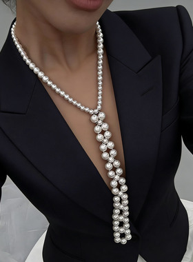 法式复古编织珍珠领带项链轻奢女