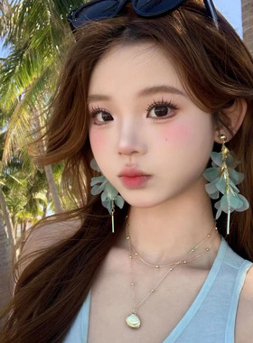 森系仙女风渐变绿色花朵耳环女款