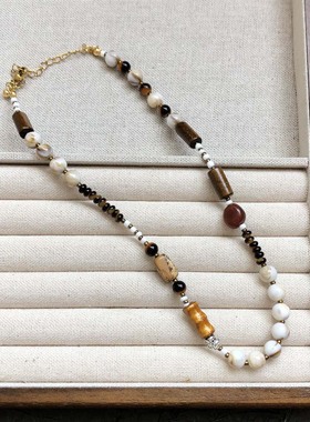 新中式复古木质玛瑙石串珠项链女