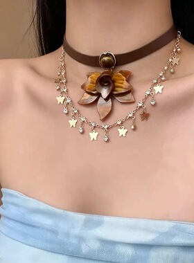 虎眼石咖色树脂花朵皮革项链女款