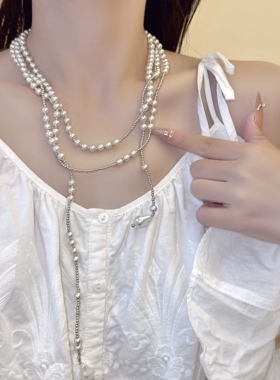 韩系精致多层珍珠串珠项链女长款