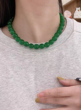 新中式金属OT扣绿白黑琉璃串珠珍珠项链简约锁骨链时尚复古项饰女
