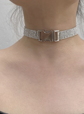 金属宽链女镶钻皮带扣锁骨链项链