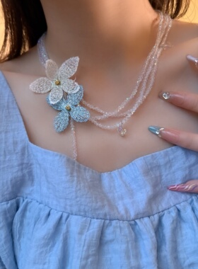 水晶串珠手作刺绣撞色花朵项链女