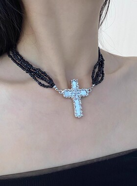 暗黑风多层黑色串珠十字架项链女