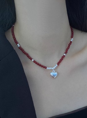 国风复古红色串珠银色爱心项链女