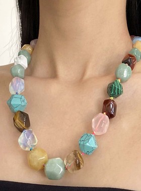 不规则彩石串珠项链女多巴胺颈链