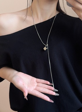 韩式简约银色方块吊坠蛇骨链项链