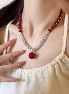 新中式复古红色串珠锆石项链女