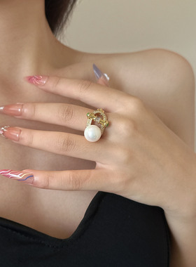 复古宫廷微镶锆石珍珠开口戒指女