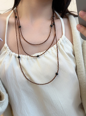 多层叠戴棕色水晶串珠项链女