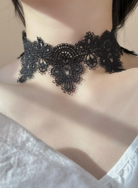 暗黑辣妹风黑白色蕾丝项圈项链女