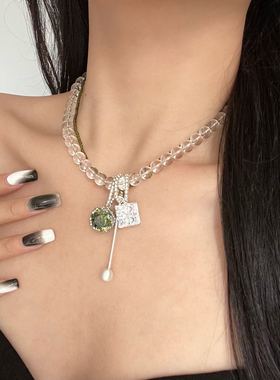 时尚透明水晶串珠方糖吊坠项链女
