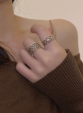 冷淡风宽版复古微镶水钻指环女款