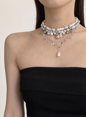 气质多层珍珠星星流苏水滴项链女
