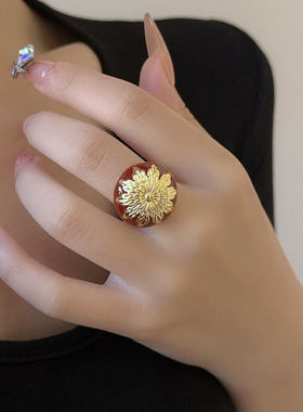 中古滴油珐琅雏菊花纹开口戒指女