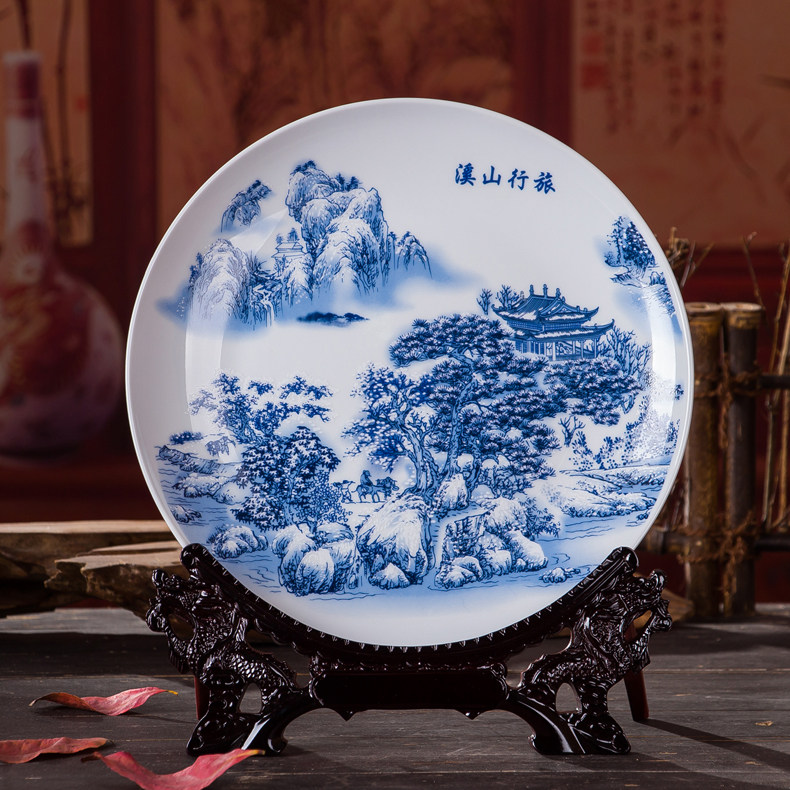 景德镇陶瓷青花瓷盘中式工艺品摆设家居装饰品玄关博古架坐盘摆件,淘宝优惠券,粉丝福利购,淘宝优惠卷
