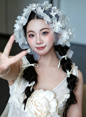 法式风白色娟纱烫花花朵头纱新娘超仙森系立体花朵婚礼发饰高级感