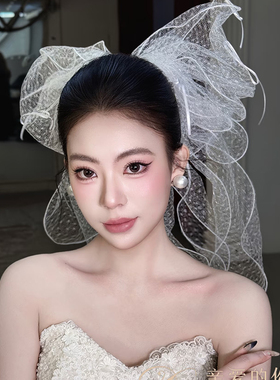 森系新娘头纱发夹白色网纱蝴蝶结仙气高级感领证婚纱配饰