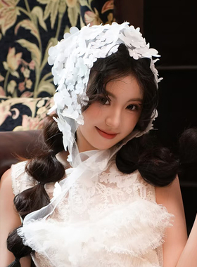 法式复古白色花朵包头纱绢纱手工新娘头饰森系超仙甜美婚纱配饰