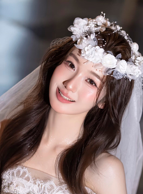 森系超仙花环头纱新娘结婚唯美氛围感白色婚纱拍照发饰