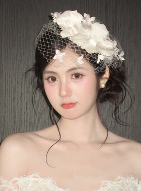 法式白色网纱花朵头饰女新娘名媛气质礼帽头纱发饰