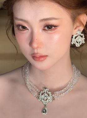 柔甜洛可可水晶多层项链耳夹三件套新娘高级感配饰复古法式婚纱配