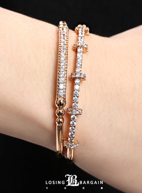 【Losing Bargain】原创单排锆石镶嵌18k金百搭叠搭手镯手环男女