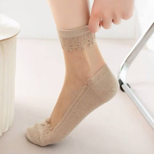 纯棉底丝袜女薄款中筒袜秋黑水晶玻璃冰丝透气耐磨透明蕾丝短袜子