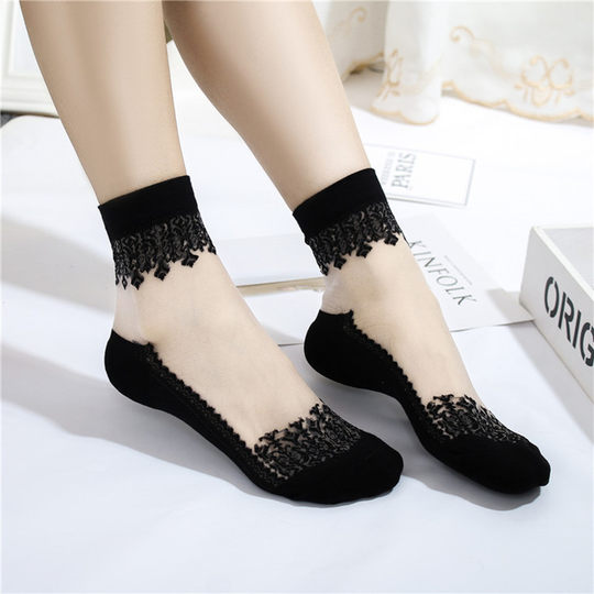 纯棉底丝袜女薄款中筒袜秋黑水晶玻璃冰丝透气耐磨透明蕾丝短袜子